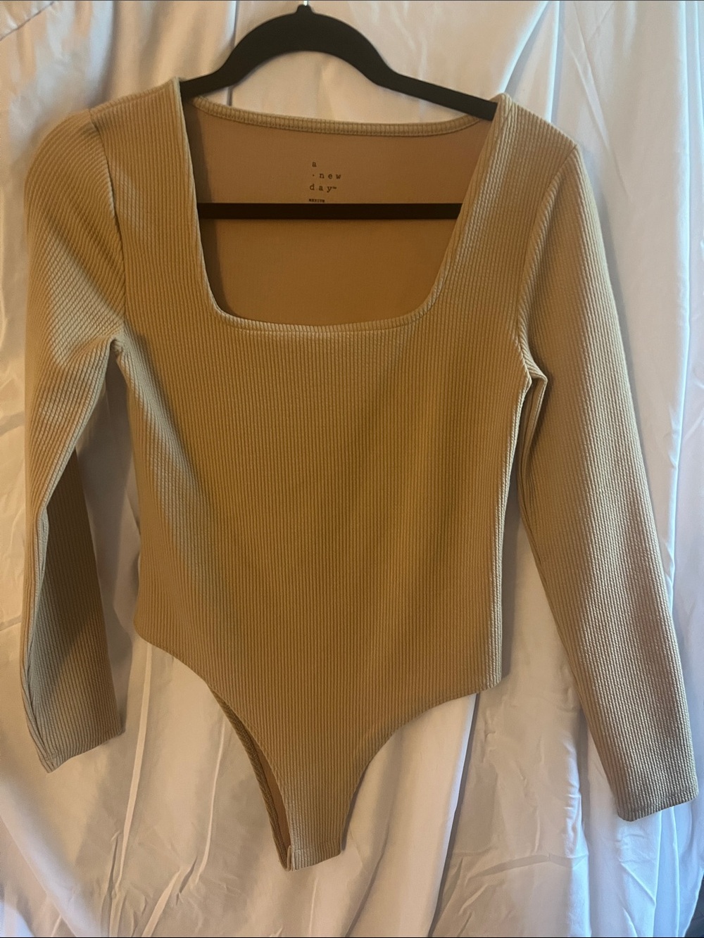 a new day Ribbed Square-Neck Long Sleeve Bodysuit in Beige
